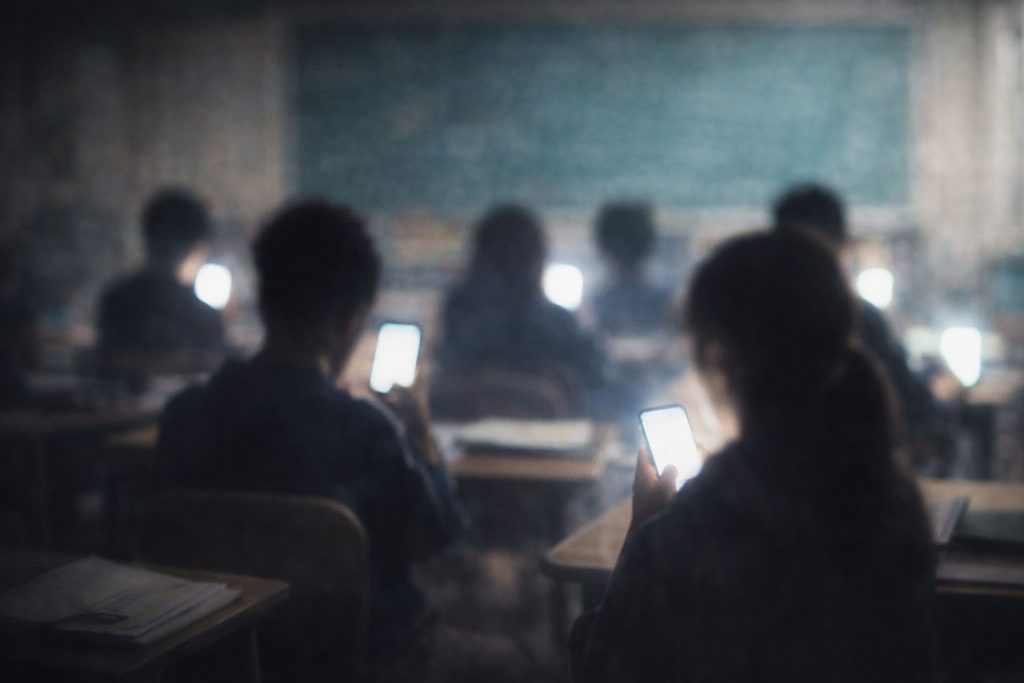 niños en aula usando celulares distracción en clases